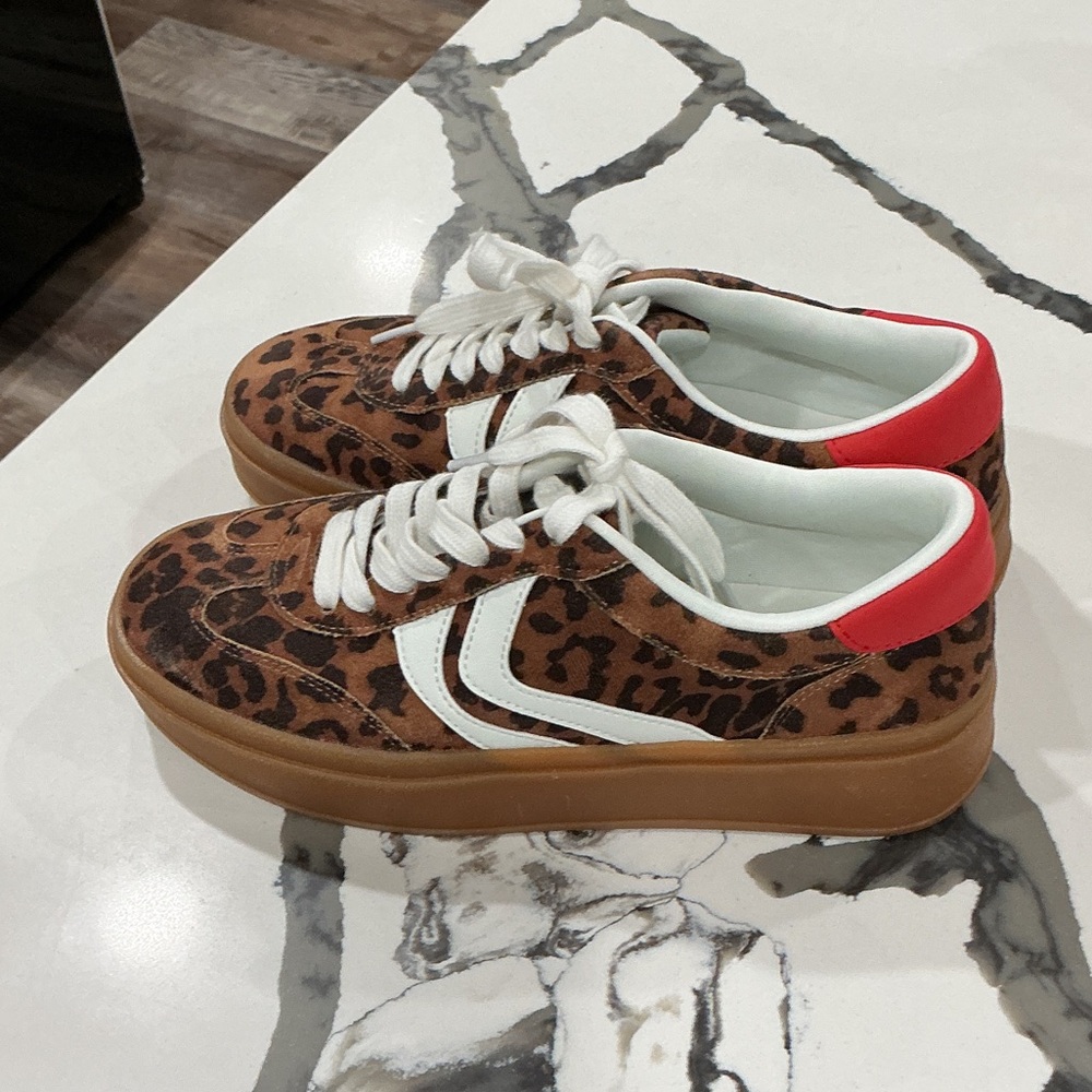 Leopard Print Sneakers with Red and White Accents